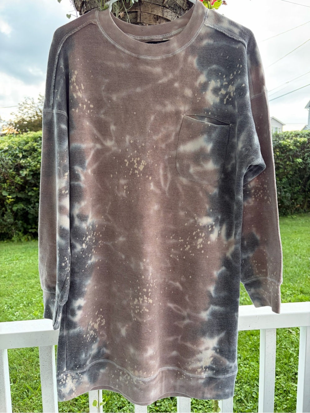 Tie-Dye Crewneck Pocket Sweatshirt Dress/Tunic in Brown and Black